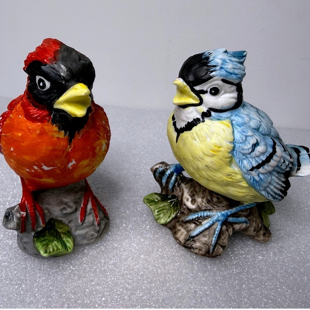 Ceramic Bird Figurines Red Cardinal and Blue Jay Set of 2 Hand Painted Statues